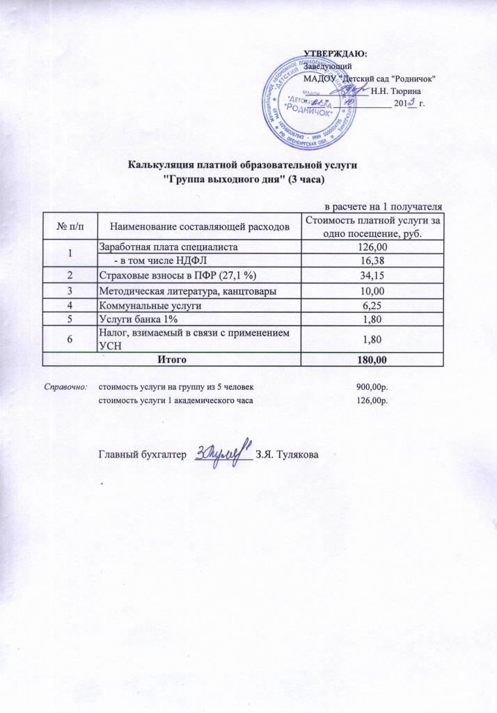 Образец калькуляция к договору